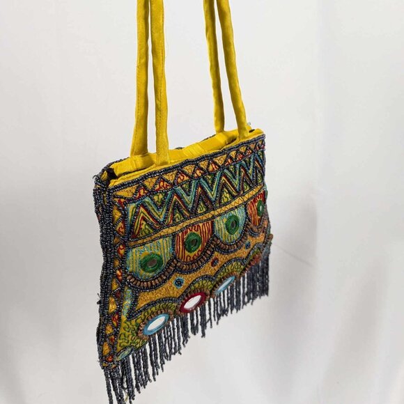 Vibrant Yellow Embellished Boho Purse with Beaded Fringe - Picture 4 of 7